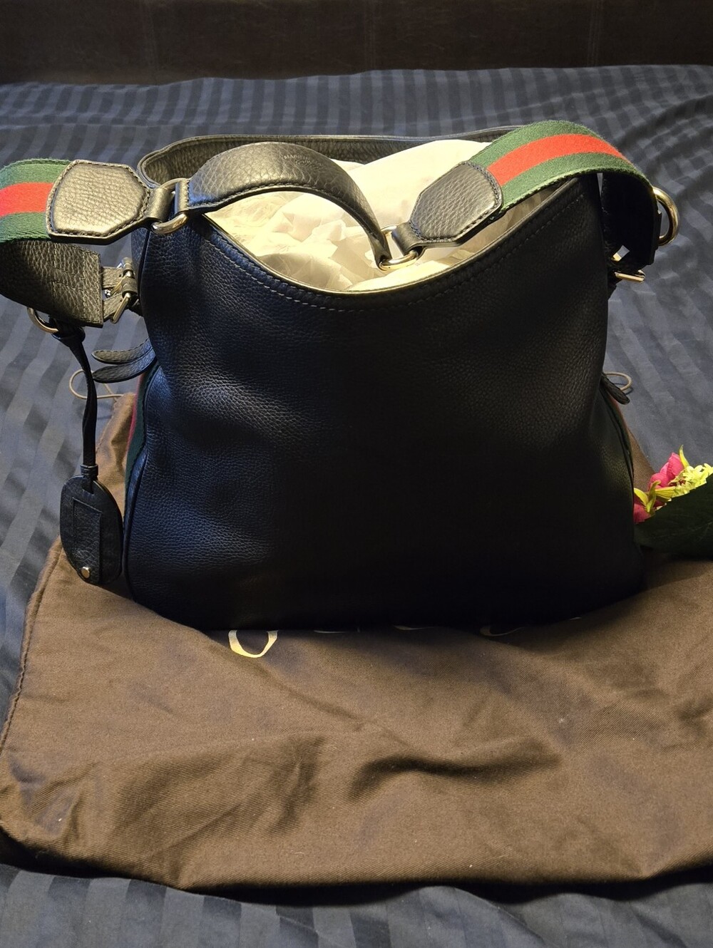 Authentic Gucci Ophidia Black Leather Shoulder Bag w/ Web Stripe.
